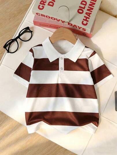 男童休闲复古经典条纹拼接短袖Polo衫，春夏款