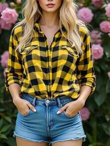 Women's Casual Long Sleeve Regular Shirt - Kuning - View 4