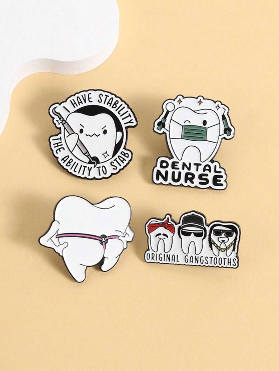 1/4PCS Creative Cartoon Versatile New Product Teeth Alloy Brooch, White Medical Dentist Collar Pin Badge, Suitable For School, Kpop Themed Backpacks, Bag Accessories, Cute Office Accessories, Spring And Autumn Small Accessories - Multicolor - View 1