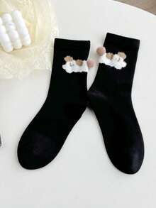 1 Pair Of Cute Cartoon Animal Mid-Calf Socks, Spring And Summer New Style, Soft And Cute Pom-Pom Animal Socks, Plush Panda, Rabbit, Puppy Cartoon Socks, Soft Girl Cute Style, Versatile Must-Have - Multicolor - View 13