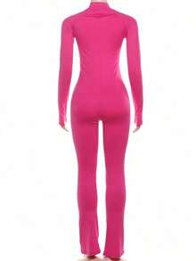 New Fashionable Personalized Street Style Commuter Tight Zip-Up Long Sleeve Jumpsuit Black Spring - 玫紅色 - 查看 7
