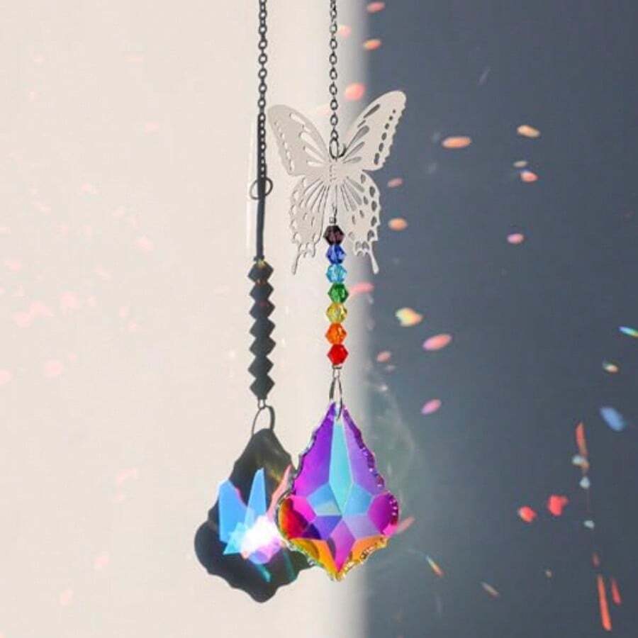 Colgante de vidrio Suncatcher vidrio iridiscente arco iris forma de lágrima adorno colgante de ventana reflectante de luz hoja de mapa - Croma - Ver 1