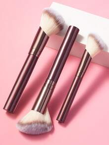 3支化妆刷套装，玫瑰金金属手柄合成毛粉底刷/腮红刷/修容刷，适用于面部化妆 - 彩色 - 查看 1
