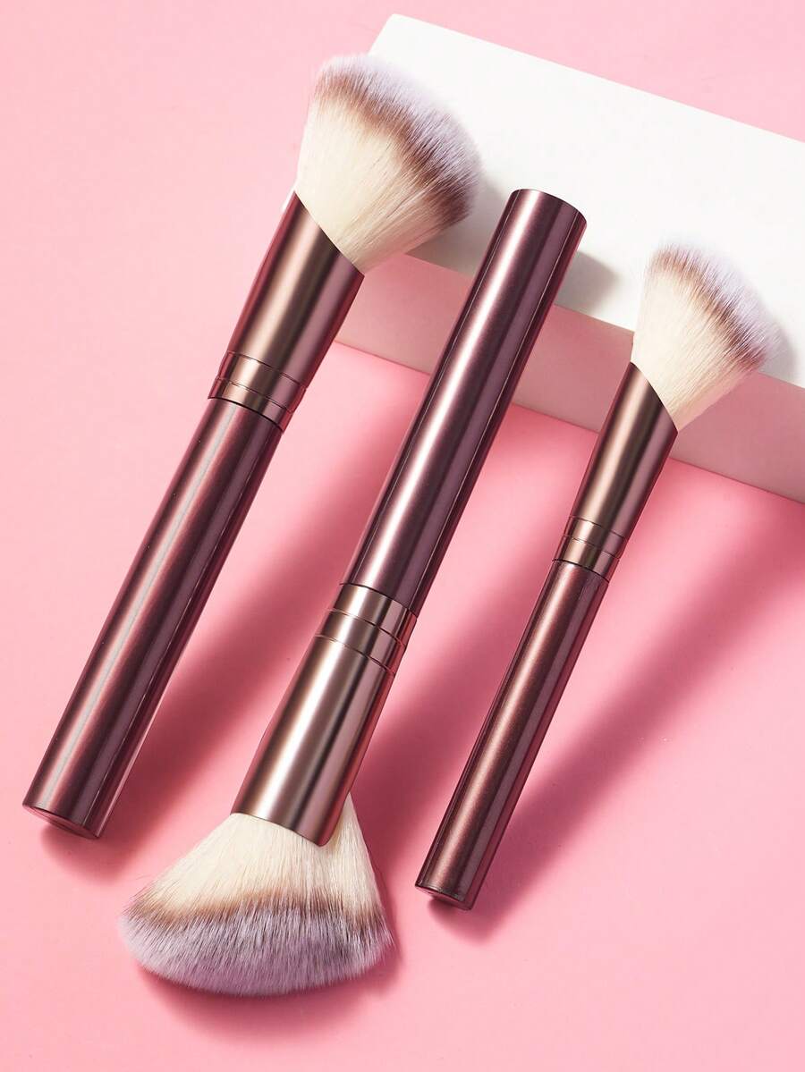 3支化妆刷套装，玫瑰金金属手柄合成毛粉底刷/腮红刷/修容刷，适用于面部化妆 - 彩色 - 查看 1