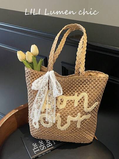 This Khaki Woven Shoulder Tote Bag With Lettering Is Unique, Versatile, And Suits Everyone. It Features A Large Capacity, Stylish Zipper Design, And A Beachy, Vacation Vibe. Perfect For Commuting, Travel, And Shopping.