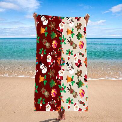 1条可爱圣诞卡通沙滩巾，圣诞老人和姜饼人图案，吸水性强，适用于泳池和海滩