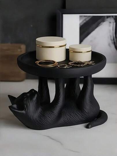 Bandeja para joias com estampa de gato preto (1 peça), estilo lúdico e fofo, feita de resina, em formato de gato deitado com detalhe arredondado em relevo, organizador decorativo para anéis, colares e pequenos acessórios, ideal para penteadeira, banheiro e mesa de trabalho.
