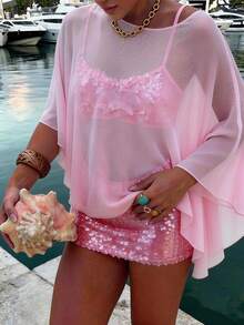 Áo khoác ngoài mùa hè Just Masa dành cho nữ, kiểu dáng gợi cảm, cổ tròn, tay cánh dơi, vạt trước ngắn, vạt sau bất đối xứng, màu trơn, hơi xuyên thấu, dáng rộng, thích hợp cho đi biển, du lịch, hẹn hò, lễ hội âm nhạc, tiệc tùng. Màu hồng. - Hồng - Xem 7