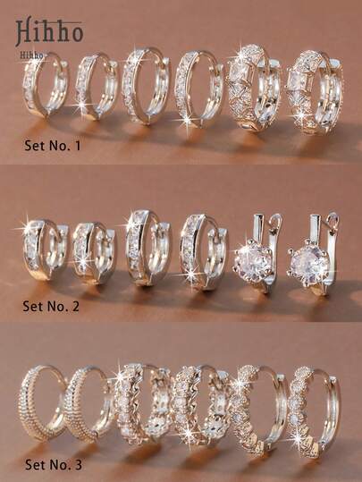 Hihho 6件套奢华锆石耳环，精准搭配，高端简约，通勤风格，银色底座，适合所有肤色，可搭配西装、连帽衫打造日常时尚造型，或搭配吊带裙、连衣裙，展现派对/晚宴优雅气质。