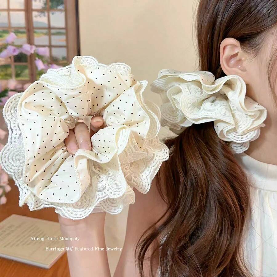 Coletero de satén con lunares blancos y franceses, perlas falsas y encaje, accesorio de pelo elegante, sujetador de coleta, gomas de pelo elásticas, cuerda de pelo elástica - Multicolor - Ver 1