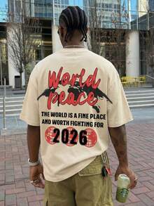 男士“和平而非仇恨”标语及男孩图案T恤，夏季街头时尚模板艺术复古涂鸦风格米色T恤 - 杏色 - 查看 3