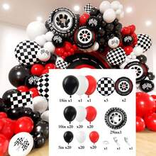 134 piezas Conjunto de guirnalda de globos con tema de autos de carreras, que incluye globos de papel de aluminio con diseño de neumáticos y globos de látex rojos, negros y blancos. Adecuado para fiesta de cumpleaños, baby shower, fiesta al aire libre, decoración de fiesta con tema de carreras y autos. - Ver 6