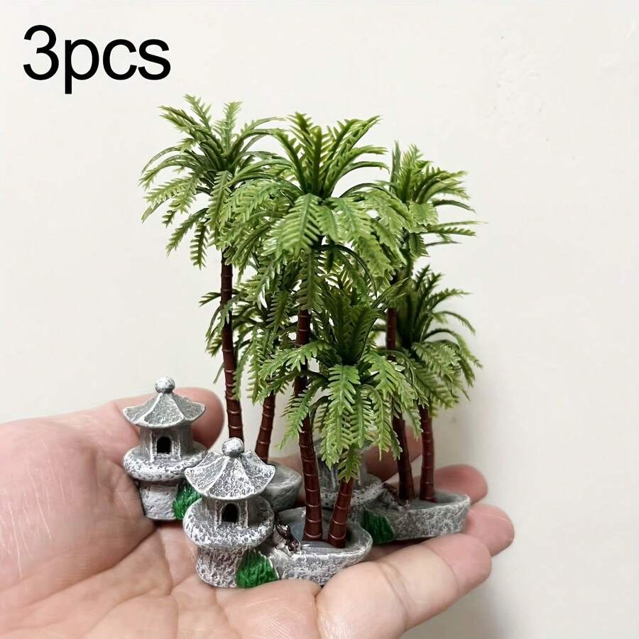 1件/3件装迷你树脂椰子树灯塔模型，配有逼真的棕榈叶和石质底座，适用于水族箱造景、盆栽植物装饰、爬行动物栖息地装饰、桌面微景观和花园装饰。