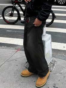 Men's Retro Loose Fit Denim Jeans, Versatile Casual Wear For All Seasons - 黑色 - 查看 3