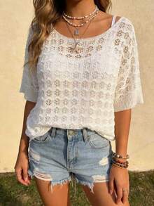 Plus Size Hollow Out Knit Short Sleeve Pullover Top, Spring/Summer White - White - View 2