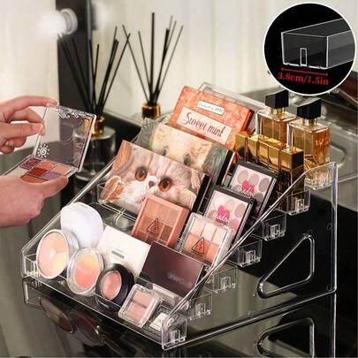 حامل عرض شفاف متعدد الطبقات من الأكريليك مع فتحة بطاقة، برج مجوهرات بلاستيكي واحد لحفظ العطور والأحمر الشفاه وطلاء الأظافر والنظارات - منظم مستطيل لسطح المكتب في الحمام والخزانة - متعدد الاستخدامات، لا يحتاج إلى طاقة