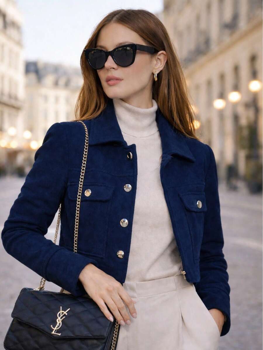 Women's Short Soft Bomber Jacket, Elegant With Front Buttons, Functional Pockets, Fitted Sleeves, Winter/Autumn Fashion, Casual Chic Look, Comfortable And Modern. - Navy Blue - View 1