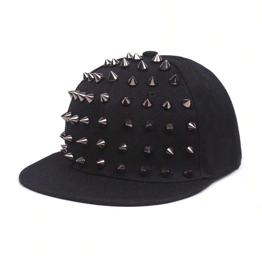 Edgy Spike Studded Hip Hop Cap Flat Brim, Unisex Snapback With Metal Stud Detailing, Adjustable, Black/Blue/Khaki/Off-White, Streetwear - 銀色 - 查看 1
