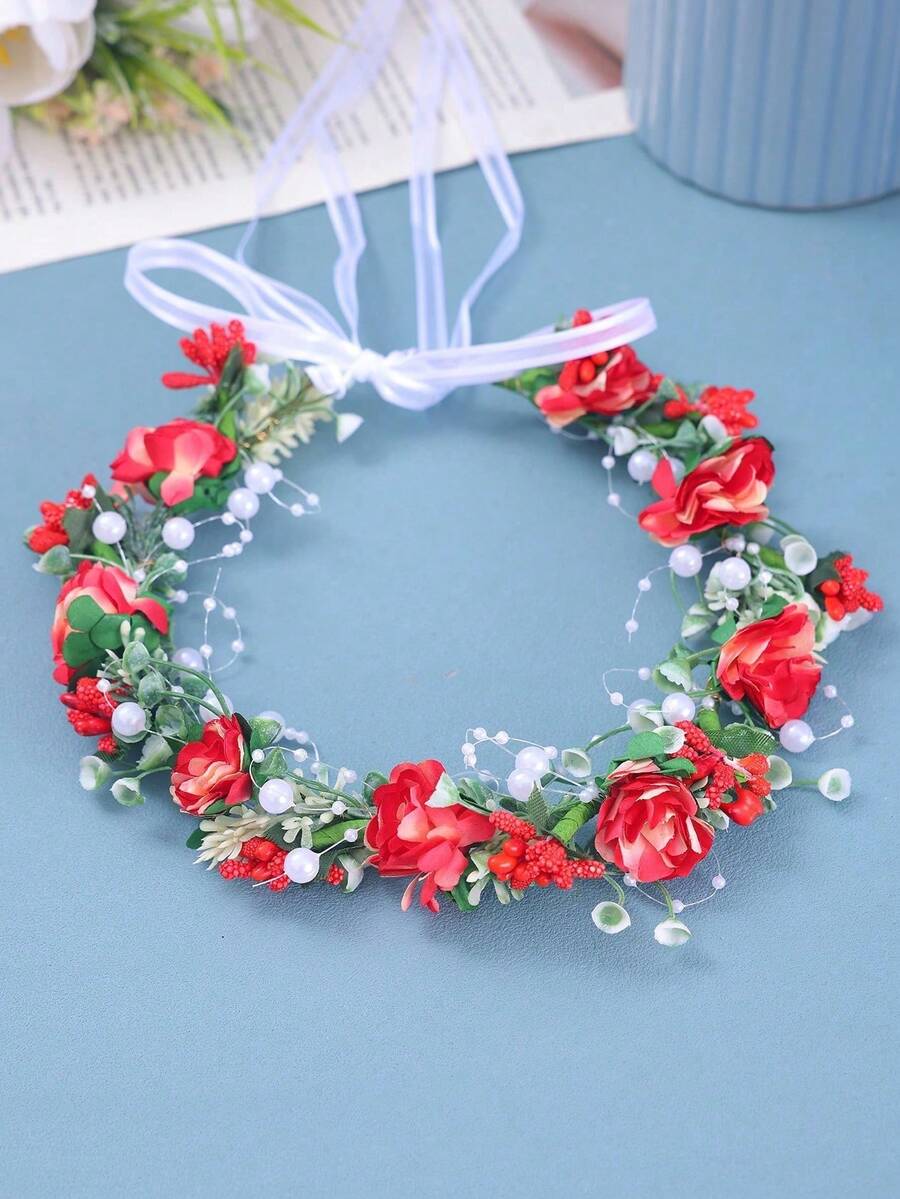 1pc Handmade Bride Red Flower Headband, Romantic Pink Princess Daisy Hair Accessory, Wedding Bridal Hair Decoration Gift - Red - View 1