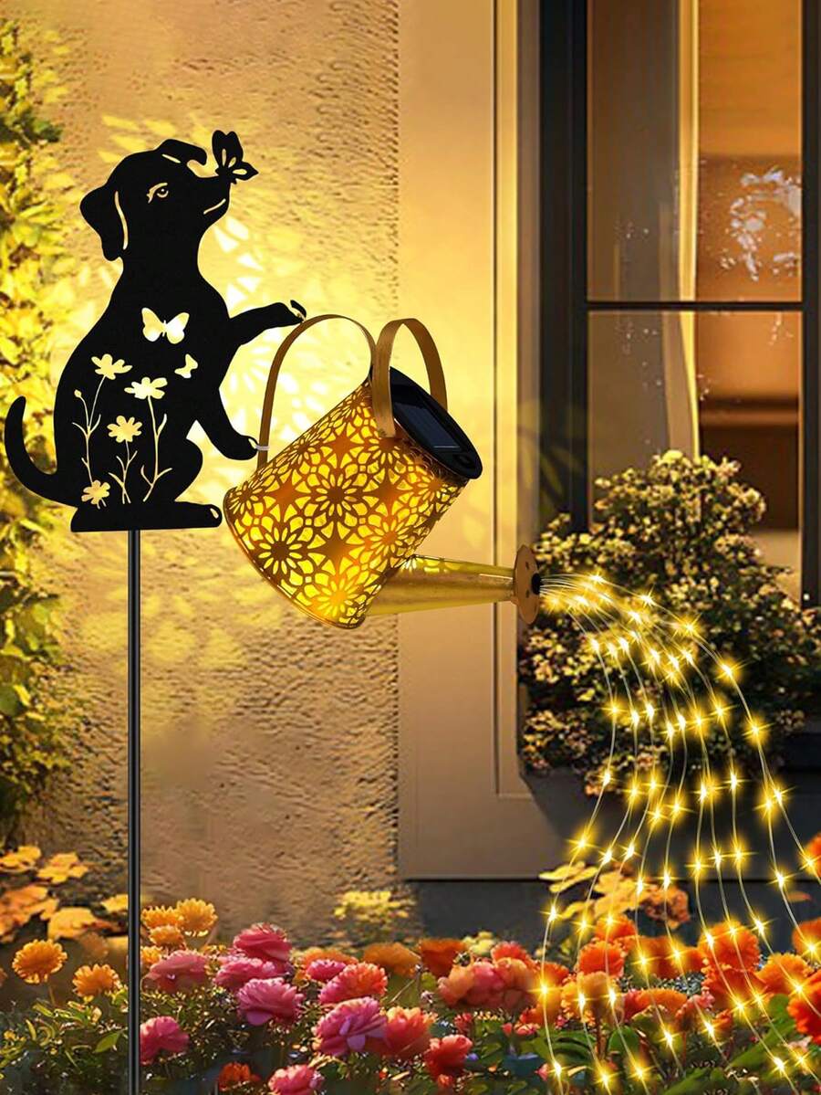 Solar Lights Outdoor Decorative, Watering Can With Cascading Lights, With Cat/Dog Silhouette Garden Stakes, Gifts For Mom Women, Waterproof Metal Garden Decor For Yard Art, Outside, Patio, Lawn Ornaments - Multicolor - View 1