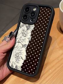 1pc Lace Polka Dot Pattern Black Sandstone Phone Case Compatible With IPhone 16/16 Pro/16 Plus/15/15 Pro Max/15 Pro/11/12/13/14 Pro Max/11 Pro/11 Pro Max/12 Pro/12 Pro Max/13 Pro/13 Pro Max/14 Pro/14 Pro Max/16 Pro Max/16/16 Pro/16 Plus, Minimalist Creative Soft Case - Multicolor - View 3