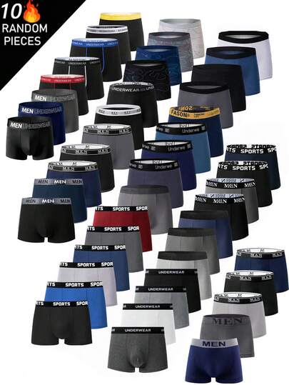Conjunto de 10 Cuecas Boxer Masculinas de Poliéster em Cores Sortidas | Super Elásticas, Ideais para Esportes e Uso Casual | Confortáveis e com Ajuste Perfeito, um Presente Ideal para Homens. Este conjunto de 10 cuecas boxer masculinas é composto por peças sortidas, respiráveis e macias, com elasticidade que proporciona conforto, perfeitas para um estilo casual. Ideal para a volta às aulas, para adolescentes, para usar em casa, como presente, ideia de presente para homens, presente de Dia dos Namorados e presente personalizado.