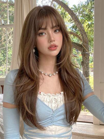 24英寸长波浪假发，带刘海，深色发根，棕色假发，棕色渐变金色假发，耐热合成假发，适合日常派对、角色扮演、节日旅行、音乐节、假日礼物等场合，自然性感简约休闲运动学院风角色扮演耐热假发，适合假日派对日常佩戴，万圣节圣诞节礼物，送给女朋友的礼物