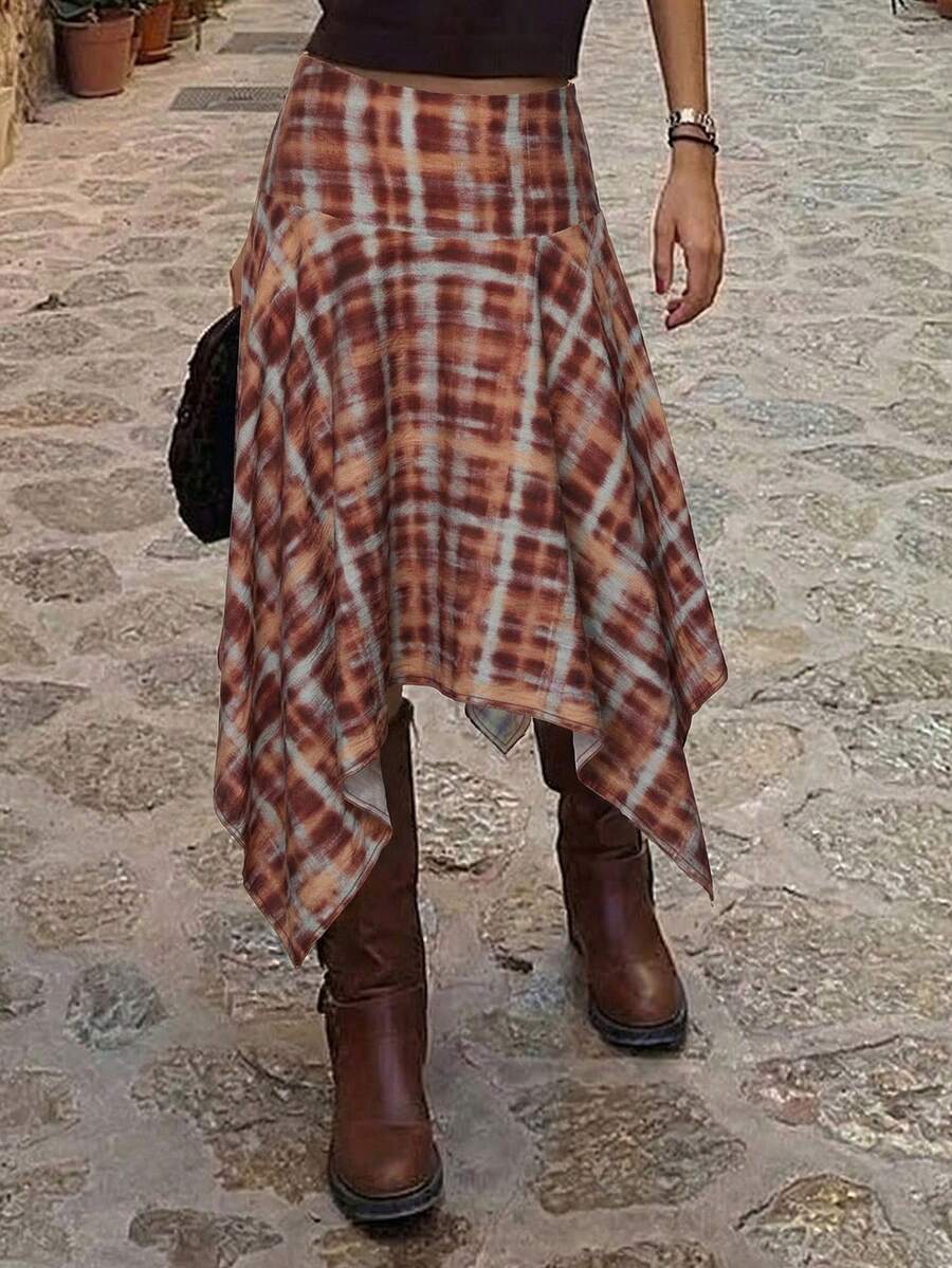 春夏女式高腰不对称格子A字裙，休闲日常穿搭，复古休闲度假裙 - 彩色 - 查看 1