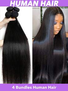 18、20、22、24英寸真人发束，4束直发，未经加工的巴西雷米真人发，原生发，快速编织，缝合式，光泽亮丽，Billion Hair 发束，混合长度，8A级巴西发，双层缝制，适用于保护性发型，专业美发造型（8-30），自然黑 - Natural Black - 查看 1