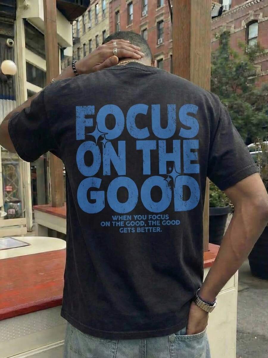 Camiseta negra con estampado de lema positivo con brillo, estilo casual de calle y diseño inspirador - Negro - Ver 1