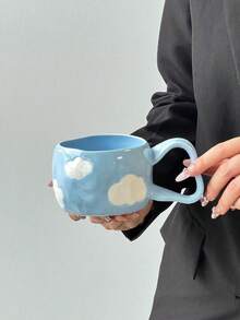 1pc Minimalist Handpainted Heart Ceramic Mug, Korean Ins Style Asymmetrical Handpainted Heart Ceramic Mug With Multicolor Heart, Cloud And Flower Patterns, Ideal For Afternoon Tea, Milk, Latte And Coffee - Multicolor - View 19