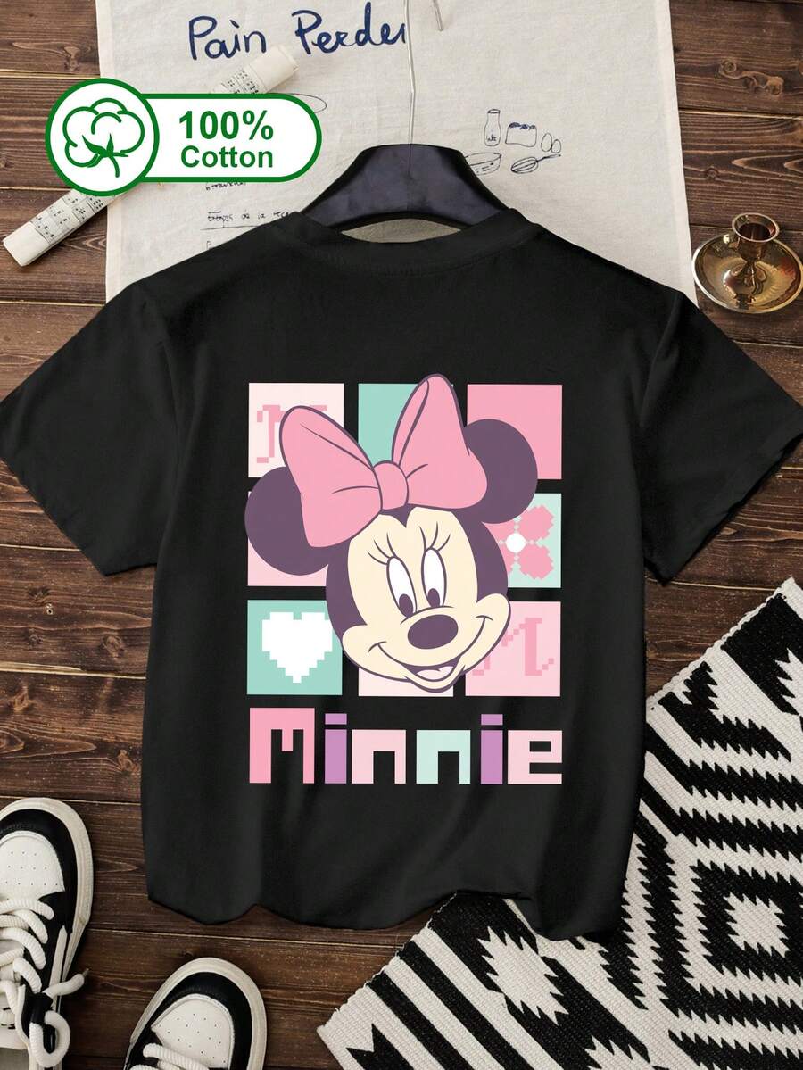 Disney Women's Casual Daily, 100% Cotton Short-Sleeve T-Shirt, Featuring Mickey Mouse And A Pink Bow, With A Heart Pattern Print, Suitable For Everyday Outings, Campus, Disneyland Visits, And Retro-Themed Parties. Mickey Mouse Pattern Printed T-Shirt Black - Black - View 1