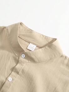 男士夏季亚麻两件套，立领卷袖衬衫+松紧腰直筒裤，透气舒适宽松版型，适合海滩、度假和日常通勤。 - 卡其色 - 查看 8