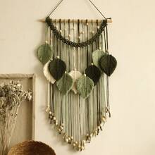 1pc Macrame Wall Hanging, Boho Style Wall Decor Tapestry, Handwoven Green Leaf Tassel Wallpaper - Green - View 11