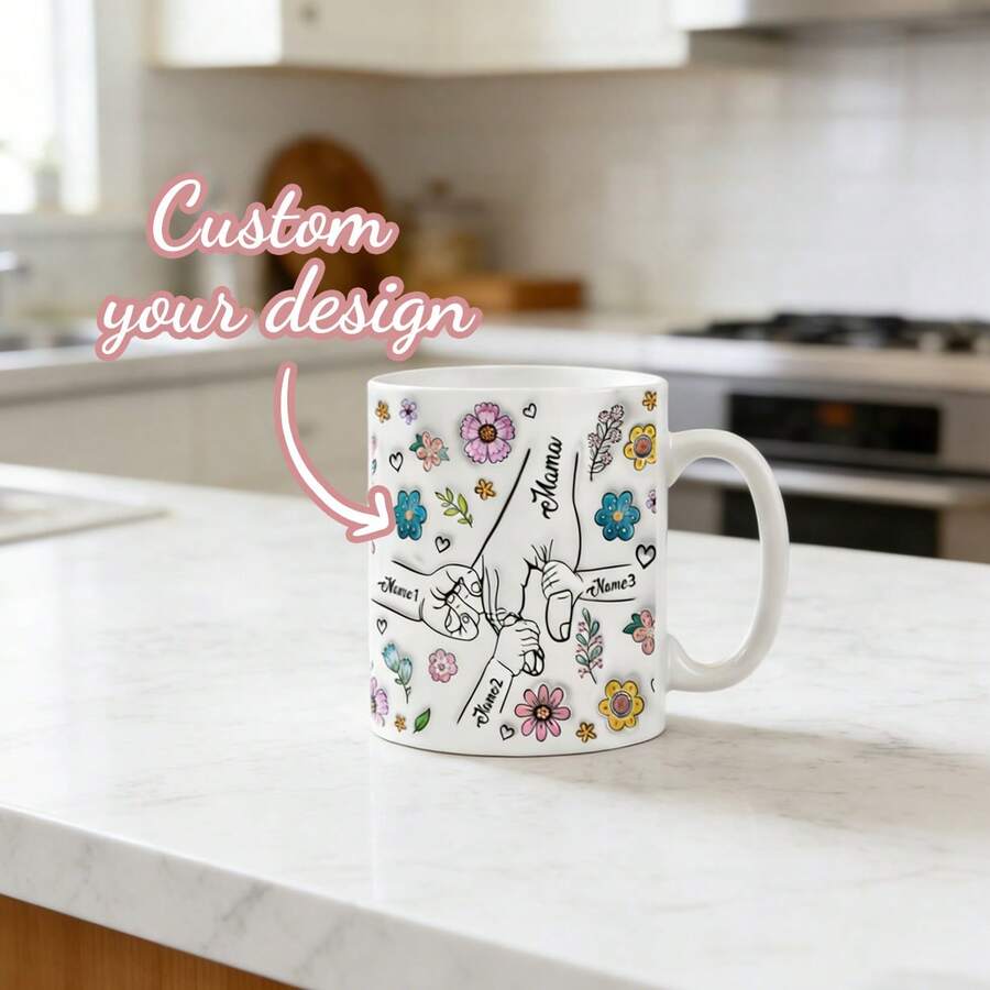 Taza de cerámica personalizada con patrón floral, diseño de flores frescas tallado a mano, adecuada para el Día de la Madre, cumpleaños de la abuela, cumpleaños de mujeres y otros regalos festivos (soporta entrada de 1-8 nombres) - multicolor - Ver 1