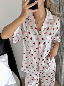 2pcs Strawberry Print Lapel Short Sleeve Top And Pants Women Pajama Set - White - View 1