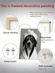 1幅定制宠物肖像帆布画，趣味狗狗戴着毛巾头巾在马桶上看报纸，无框浴室墙面装饰，高品质帆布海报，适用于家居、办公室、教室，是送给宠物爱好者的独特礼物，狗狗照片墙面装饰，趣味设计，精美艺术品。 - 彩色 - 查看 4