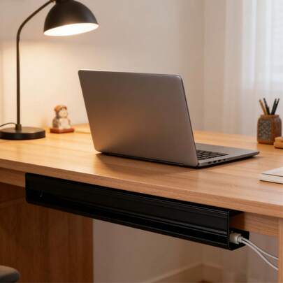 Bộ 1 khay quản lý dây cáp dưới bàn, hộp sắp xếp dây cáp, giá đỡ ổ cắm điện, kẹp dây, không cần khoan.