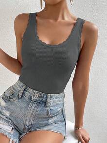 Womens Summer Sleeveless Tank Tops V Neck Ruffle Lightweight Ribbed Knit Shirt Casual Going Out Top - Màu xám đen - Xem 2