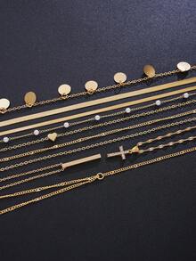 10件套时尚简约优雅水晶十字架和心形仿珍珠金色项链套装，适合女性在假期、派对、宴会、节日、生日、日常佩戴。 - 金黃色 - 查看 6