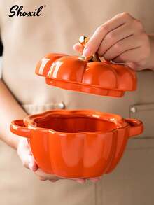 shoxil 1 chiếc bát sứ hình quả bí ngô có nắp, dùng làm nồi súp, bát đựng salad sáng tạo - bát đựng súp hầm, bộ bát đựng salad tráng miệng, thích hợp cho nhà bếp và bàn ăn. - Nồi súp - Xem 3