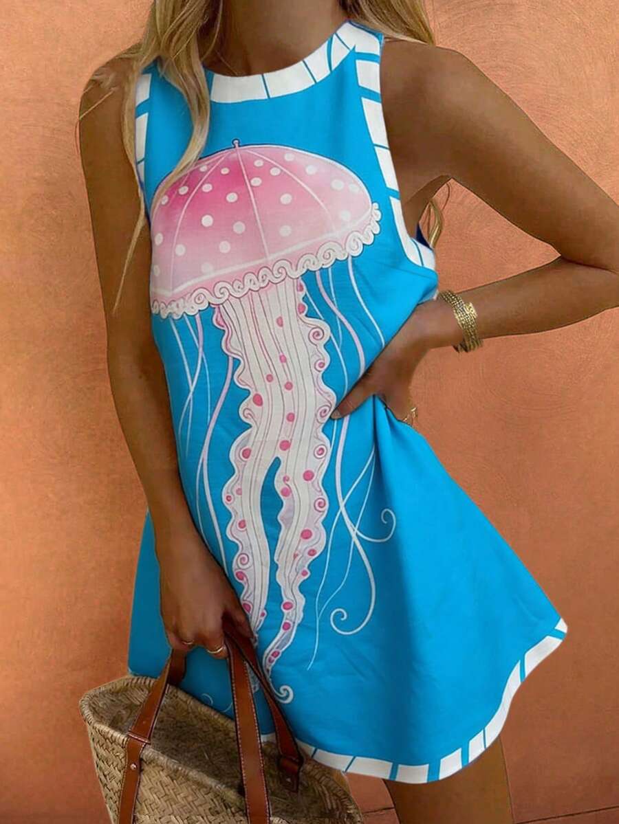 Women's Casual Vacation Style Jellyfish Print Sleeveless Slip Dress, Spring/Summer Elegant - Multicolor - View 1