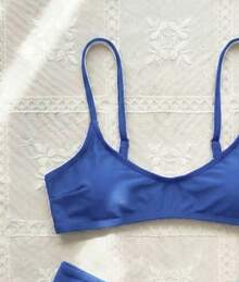 Nuevo conjunto de bikini bohemio de primavera/verano con tirantes ajustables, escote en V, sexy, elegante y casual, adecuado para la playa, vacaciones y fiestas - Azul - Ver 4