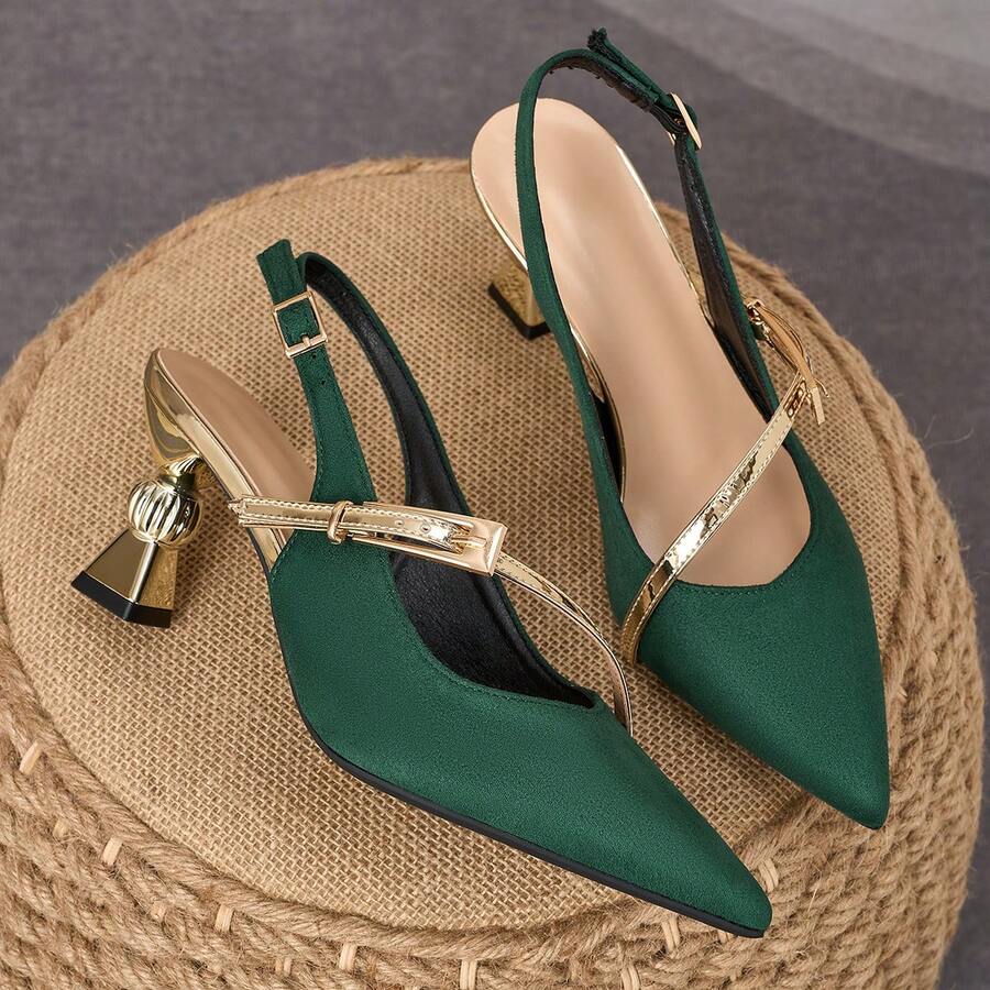 WHDXY Elegant Emerald Green Pointed Toe Heels, Metal Decor Asymmetric Heel, Suitable For Work, Commute, And Evening Occasions - Green - View 1
