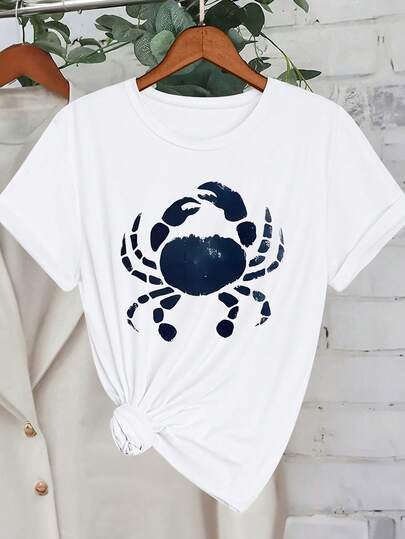 Camiseta blanca con estampado de cangrejo talla grande para mujer, top de manga corta, cuello redondo, ajuste regular, con tela elástica para uso casual
