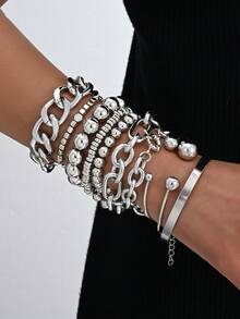 10pcs Vintage Casual Minimalist Women Silver-Gray Thick Chain Beaded Elastic Bracelet Set, Suitable For Daily Wear And Party, Stackable - Silver 3 - View 1