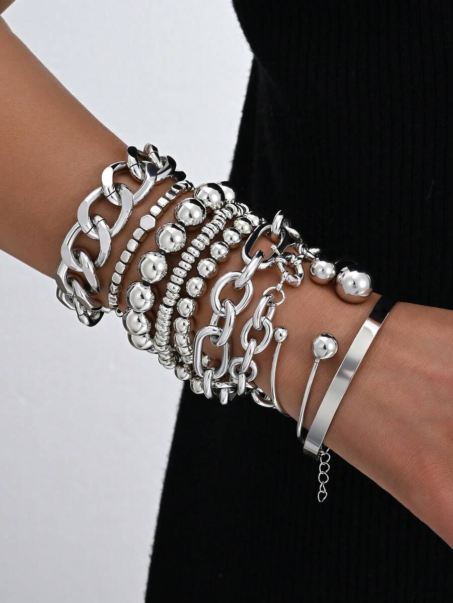 10pcs Vintage Casual Minimalist Women Silver-Gray Thick Chain Beaded Elastic Bracelet Set, Suitable For Daily Wear And Party, Stackable - Silver 3 - View 1