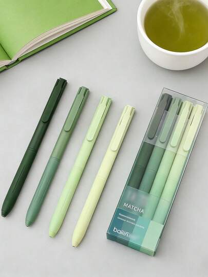 4 PCS Matcha Series Gel Pen Set Features Gradient Green Barrels Paired With Transparent Vertical Packaging, Offering A Fresh And Soft Aesthetic. The 0.5mm Fine Tip Ensures Smooth Writing, With Quick-Drying Black Ink That Resists Smudging.