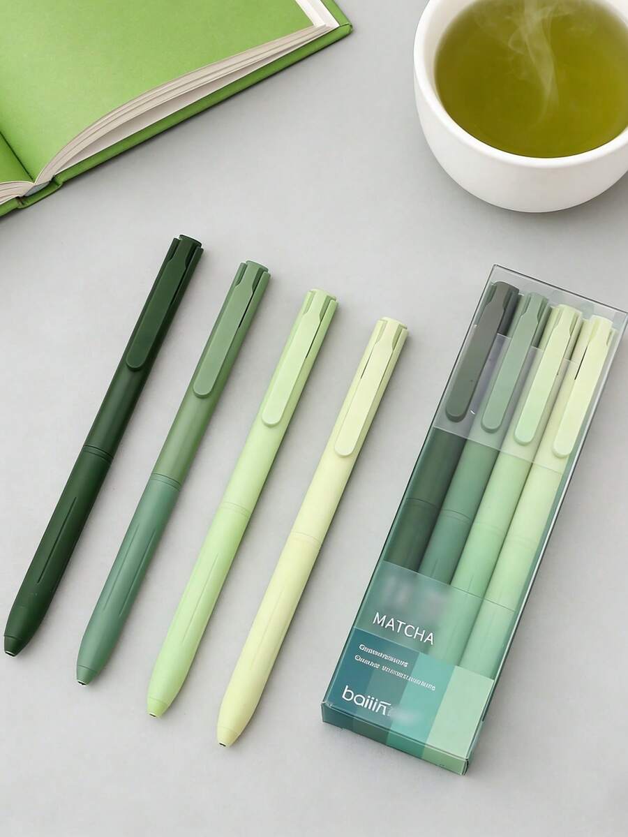 4 PCS Matcha Series Gel Pen Set Features Gradient Green Barrels Paired With Transparent Vertical Packaging, Offering A Fresh First Day Of School
