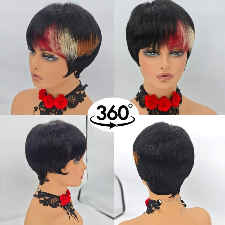 Short Wigs For Black Women Human Hair Black Pixie Cut Wig For Human Hair Short Human Hair Wigs For Black Women Bobbi Boss Wig Black Straight Short Wigs For Black Women Human Hair Layered Pixie Wigs With Bangs Real Human Hair Short Haircut Wig Glueless None Lace Front Wig Full Machine Made Layered Wig Hair Replacement Wig For Mother's Day,Valentine's Day, Daily Use - Multicolor - View 7